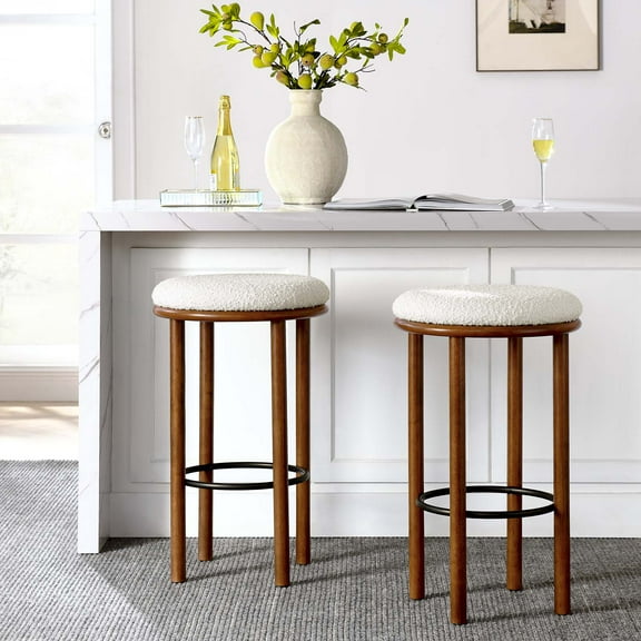 Fable Boucle Fabric Bar Stools - Set of 2 in Walnut Ivory