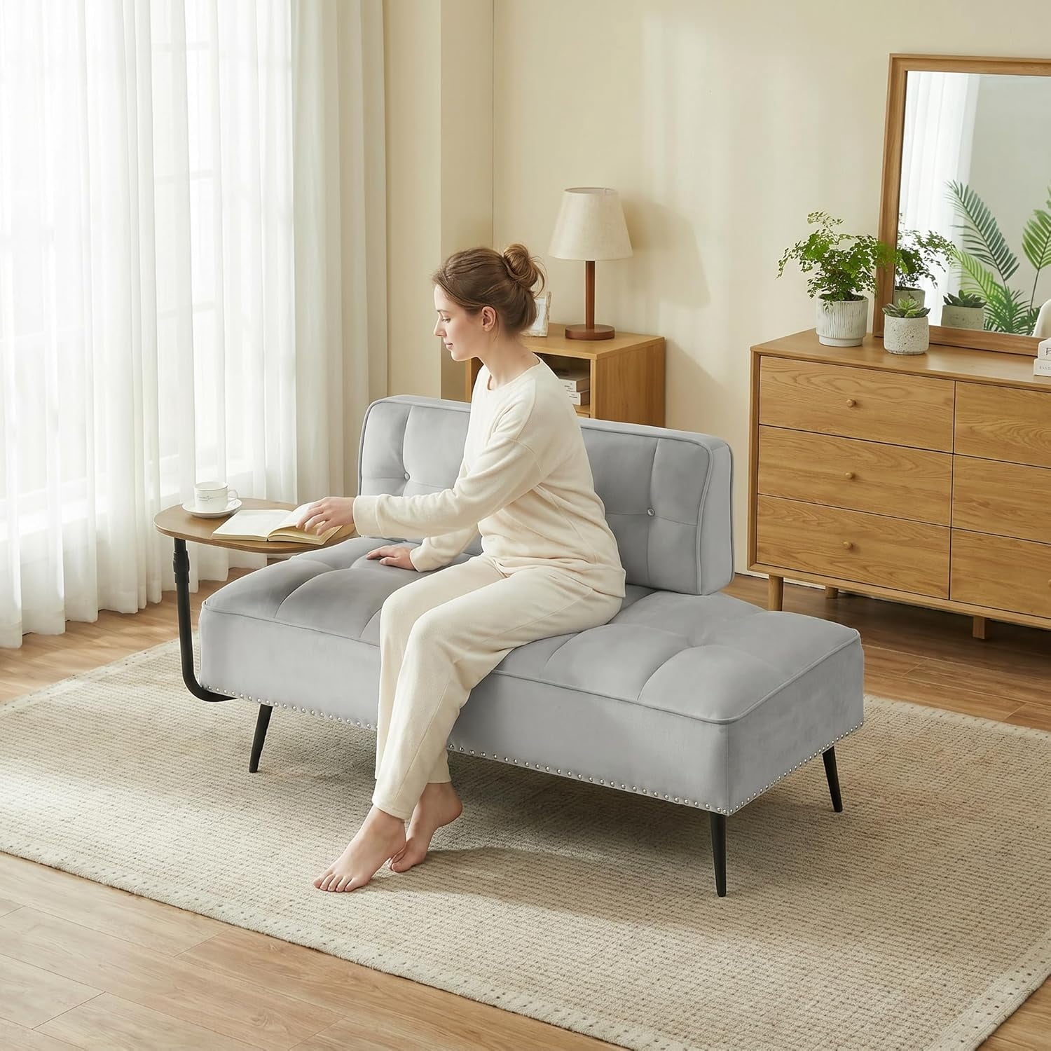 MOONMISS 54 inch 2-Seater Velvet Sofa with 360 Rotating Side Table Space Saving Multi Use Bench Office Living Room Apartment,Gray