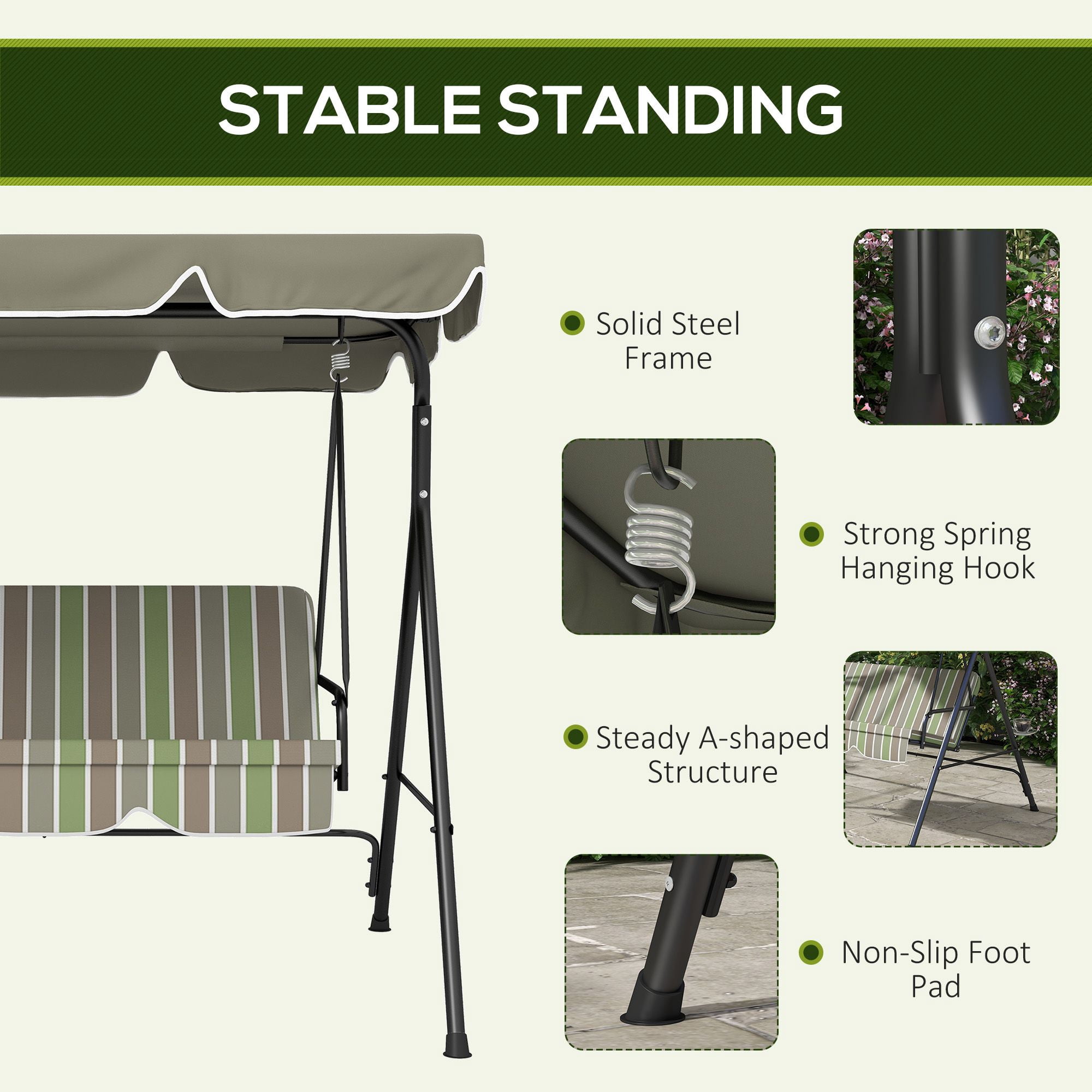 3 Person Outdoor Porch Swing with Stand & Adjustable Tilt Canopy, Cushioned Patio Swing Bench Heavy Duty A-Frame Steel Supports 594lbs for Backyard Poolside Balcony