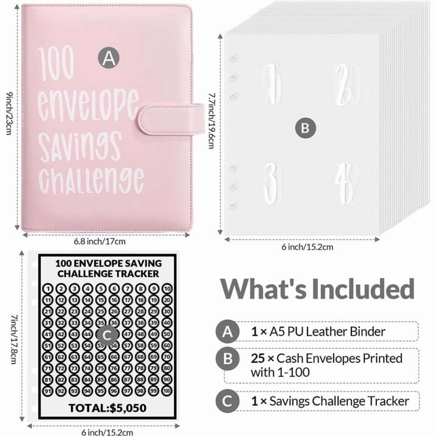 PandaTop 100 Envelopes Money Saving Challenge Binder, Budget Binder with Cash Envelopes, Money Saving Binder 100 Pocket Pre-Numbered, Fun Way to Save $5050, Pink
