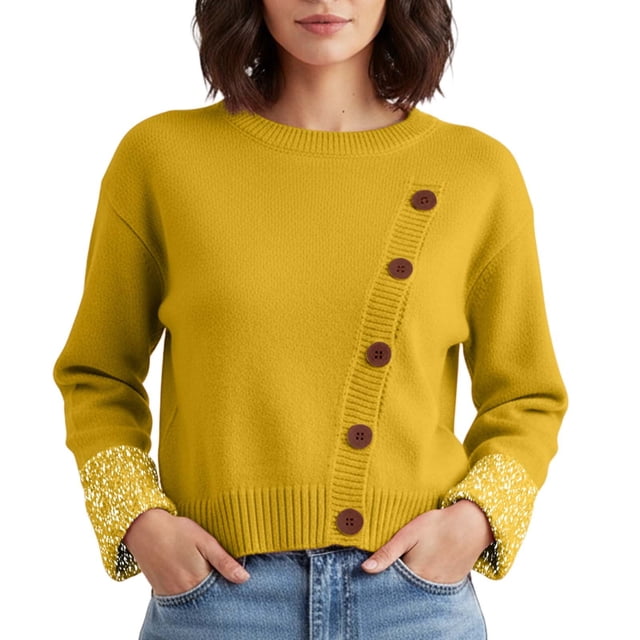 Fgnfyis Womens Sweaters Asymmetrical Button Pullover Ribbed Knit Soft Comfortable Casual for Fall Winter Fashion Yellow