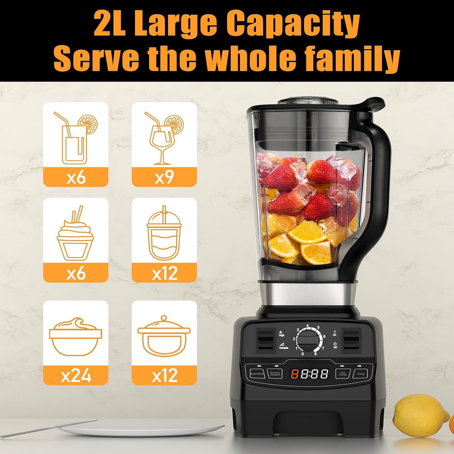 Kisdream Smoothie Blender 1450 W 2L 8-Speed Blender, Black