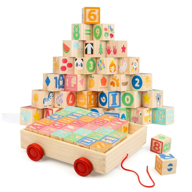 Bloques de construcción de madera Joqutoys para niños pequeños con vagón, 30 unidades