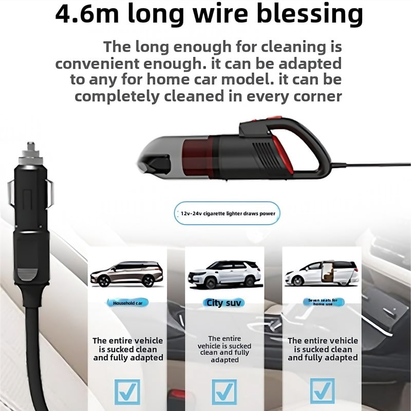 Car Vacuum Cleaner – 12000Pa Strong Suction Handheld Wet & Dry, 4.6M Long Cord, 15A Fuse, Washable Filter, Includes Crevice & Brush Nozzles for Car Interior Dust Pet Hair Food Residue