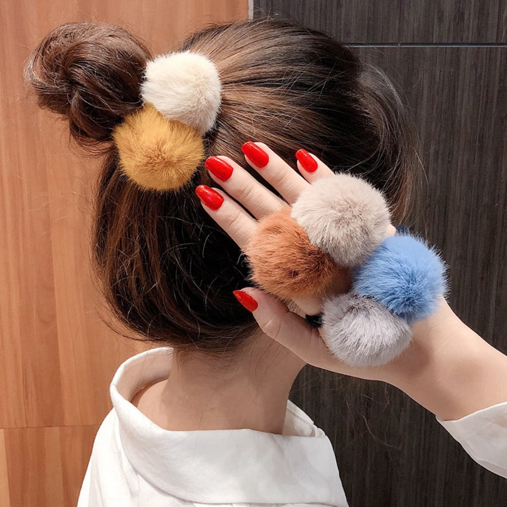 Pompom Fur Ball Bow Hair Rubber Band Elastic Furry Ring Rope Ponytail Hair Ties