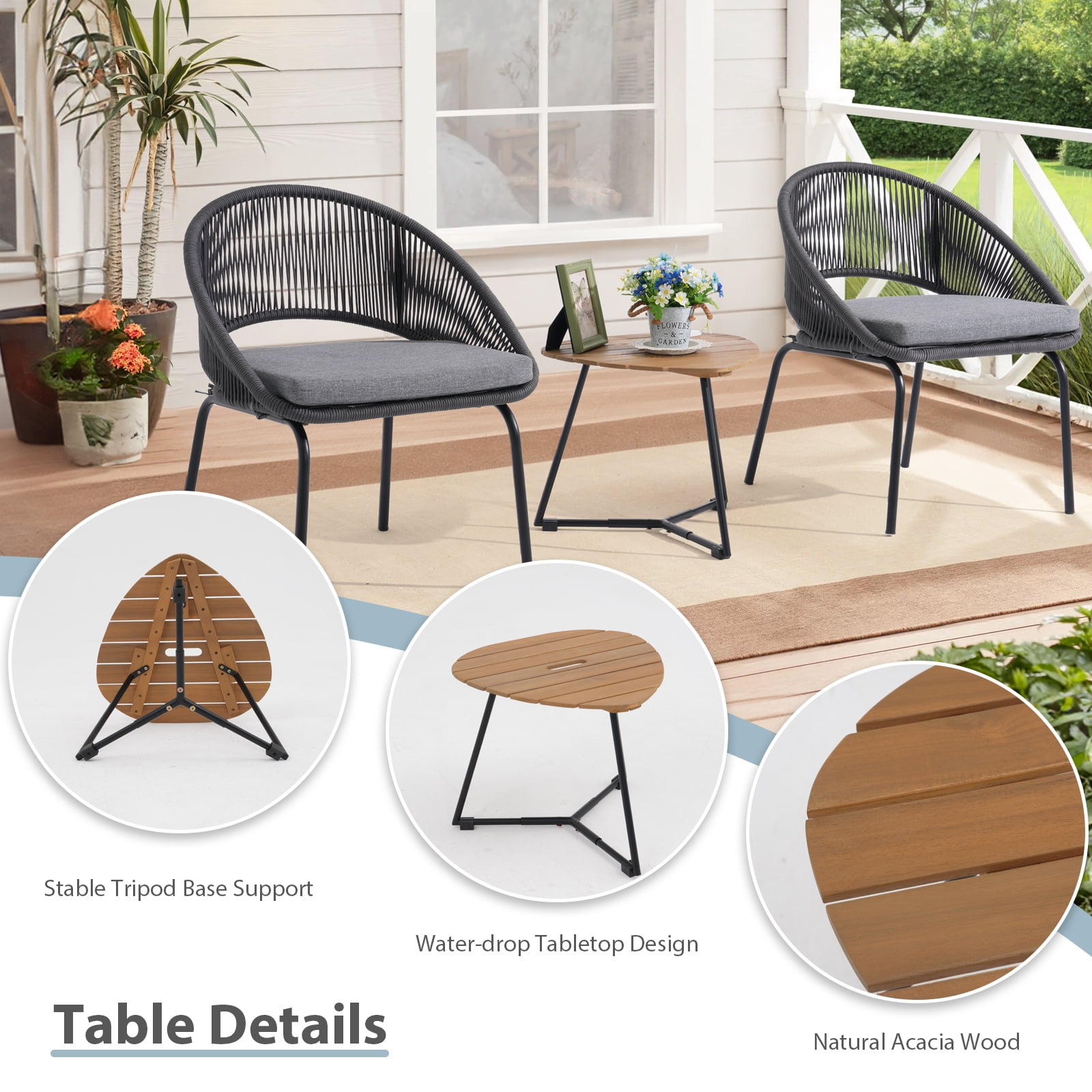 3 Piece Patio Set, Outdoor Wicker Bistro Set 2 Rattan Chair Conversation Sets with Coffee Table and Cushions, Brown