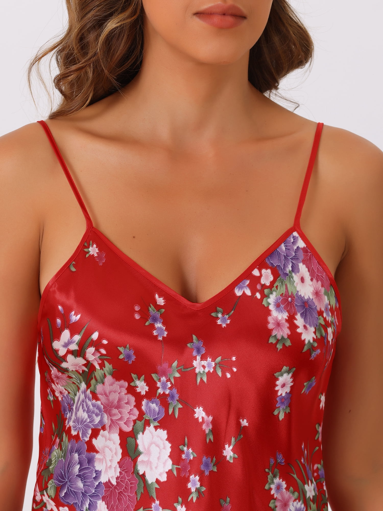 DARING DIVA Women's Satin Slip Silky Mini Floral Nightgowns L Red