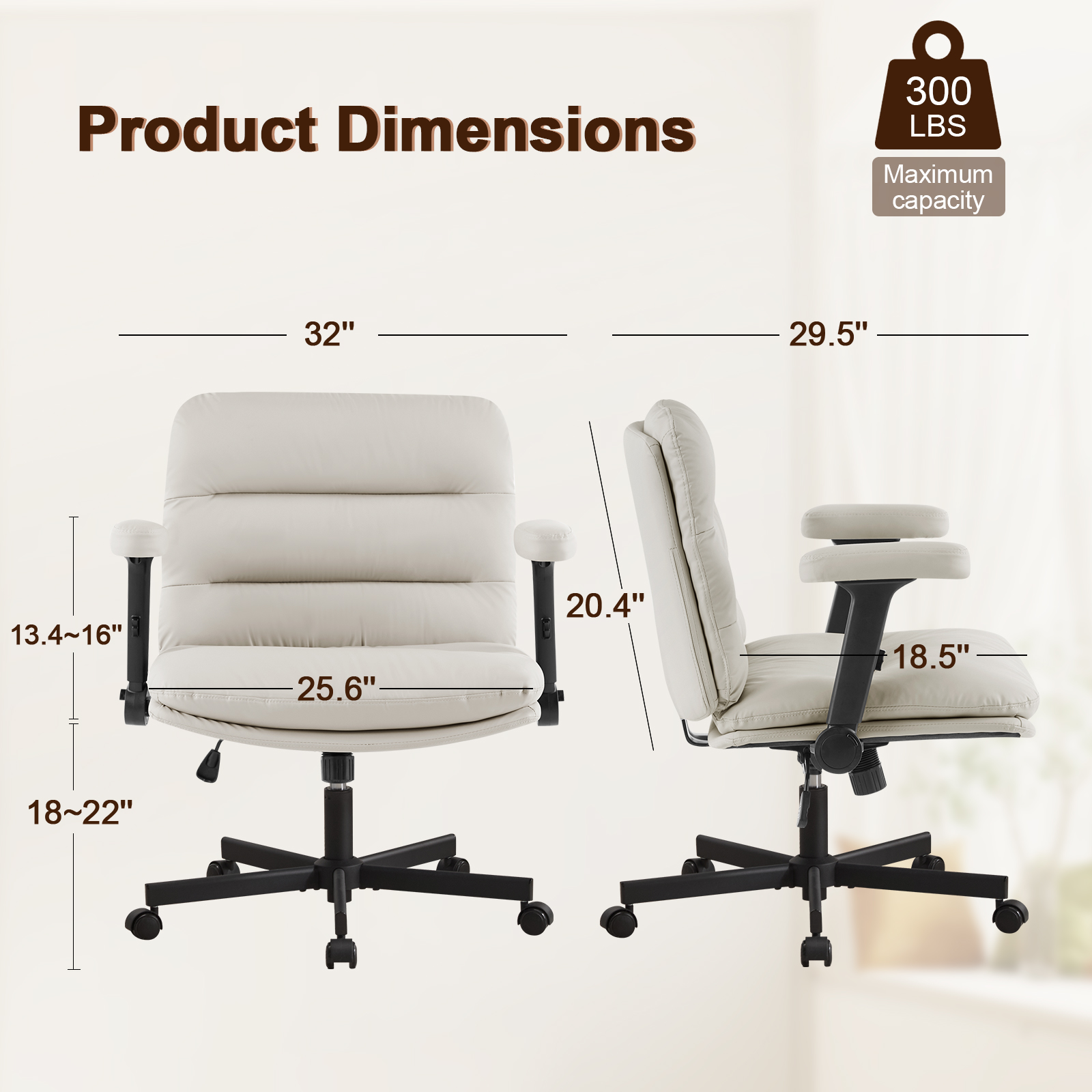 Falvinoryn 25.6" Wide Seat Office Chair, High Back Ergonomic Task Chair with Padded Adjustable Armrests and Double Cushion, Swivel Home Office Desk Chair for Office, Bedroom (Off-white)