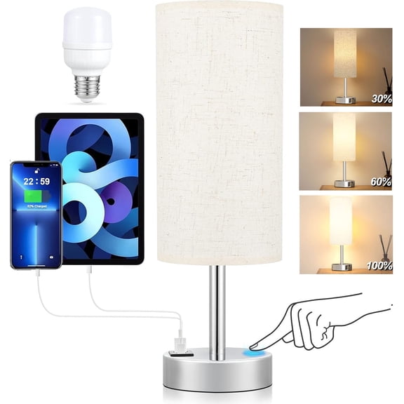 HadinEEon 15.4" Table Lamp, 3 Way Dimmable Light Touch Lamp, USB C&A Fast Charging Ports, Fabric Shade Silver Base, for Bedroom, Living Room, Office