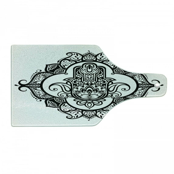 Hamsa Cutting Board, Curvy Ornate Frame with Antique Motif Floral Tattoo, Decorative Tempered Glass Cutting and Serving Board, Wine Bottle Shape, White Black, by Ambesonne