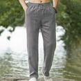 thumbnail image 4 of WRKEKC Casual Pants for Men Solid Color Linen Drawstring Elastic Waist Straight Leg Trousers Comfortable Summer Daily Lounge Pants, 4 of 4