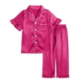thumbnail image 3 of SJLDQY Satin Pajamas for Girls Button Down Short Sleeve Shirts Ruffle Pants 2 Piece Silk Pjs Sets Summer Sleepwear Breathable Soft Loungewear Sets, 3 of 8