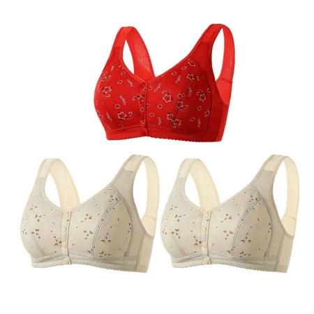 Mrat Women Back-Smoothing Bra 3pc Front Closure Everyday Sports Bras  Front Button Bra  Convenient Snap Sleep Bra  Women Comfort Wireless Cotton Bras S-151 Red-A XXL