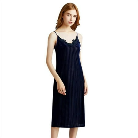 

Women Sexy Comfy V Neck Lace Suspenders Nightwear Velvet Side Split Sleepwear