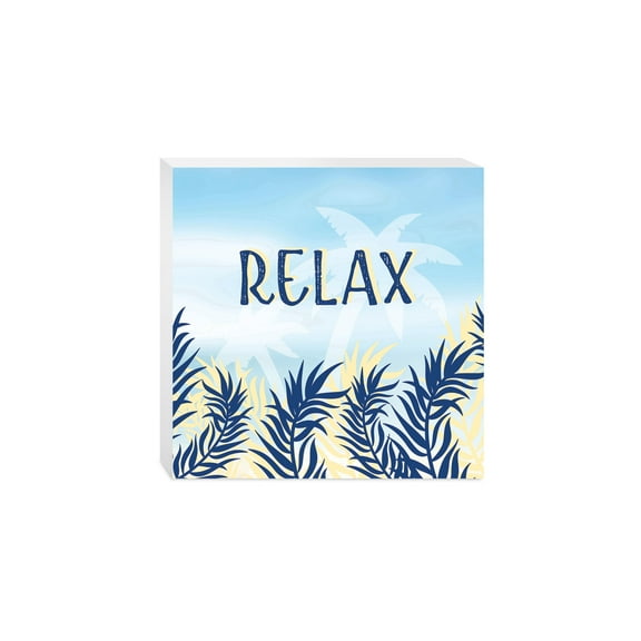 Relax Blue Yellow Palm Trees 10 x 10 Wood Tabletop Sign Plaque