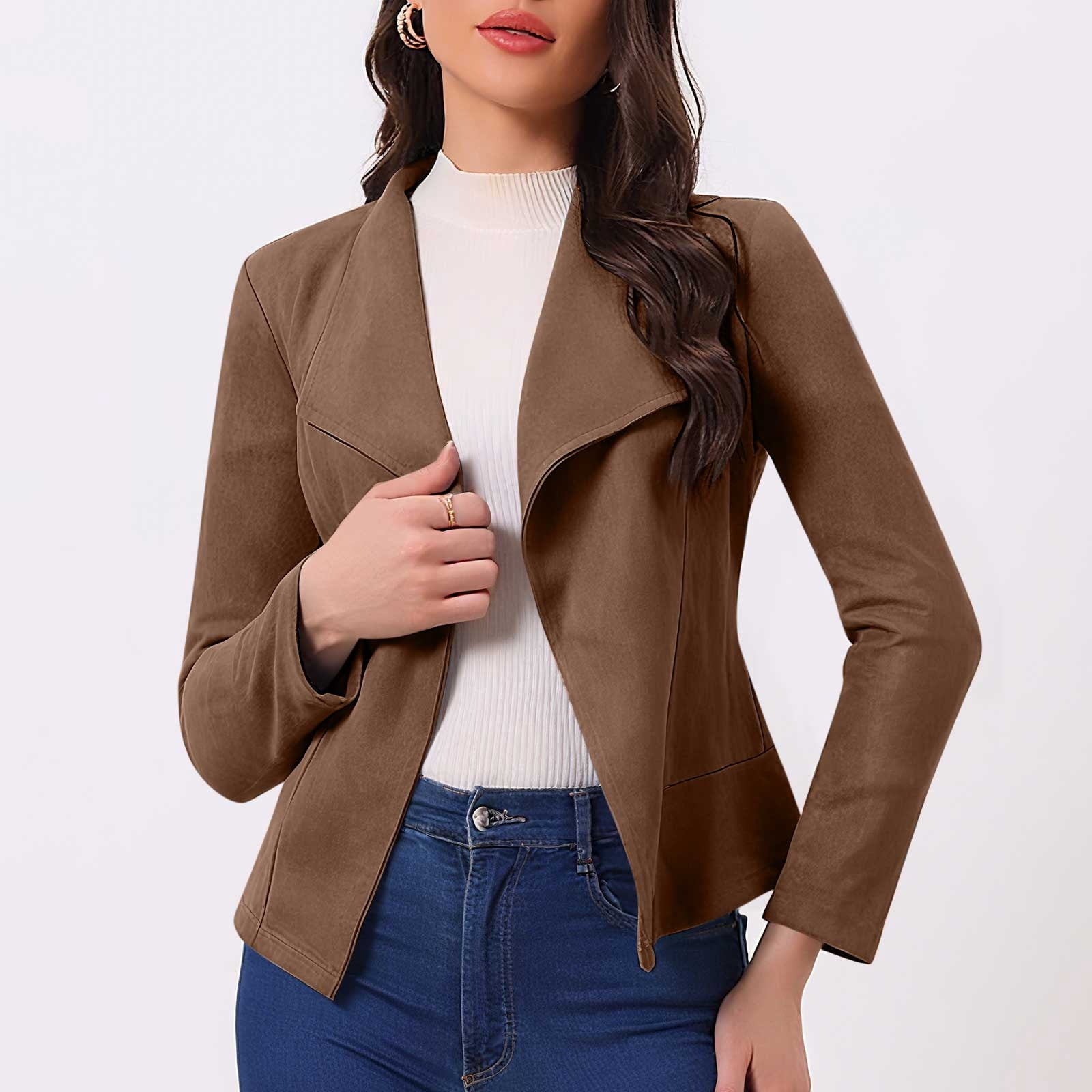 FAVIPT Casual Faux Suede Jacket for Women Long Sleeve Trendy Cropped Coat Lapel Solid Cardigan Fall Winter Outfits Brown,XXL