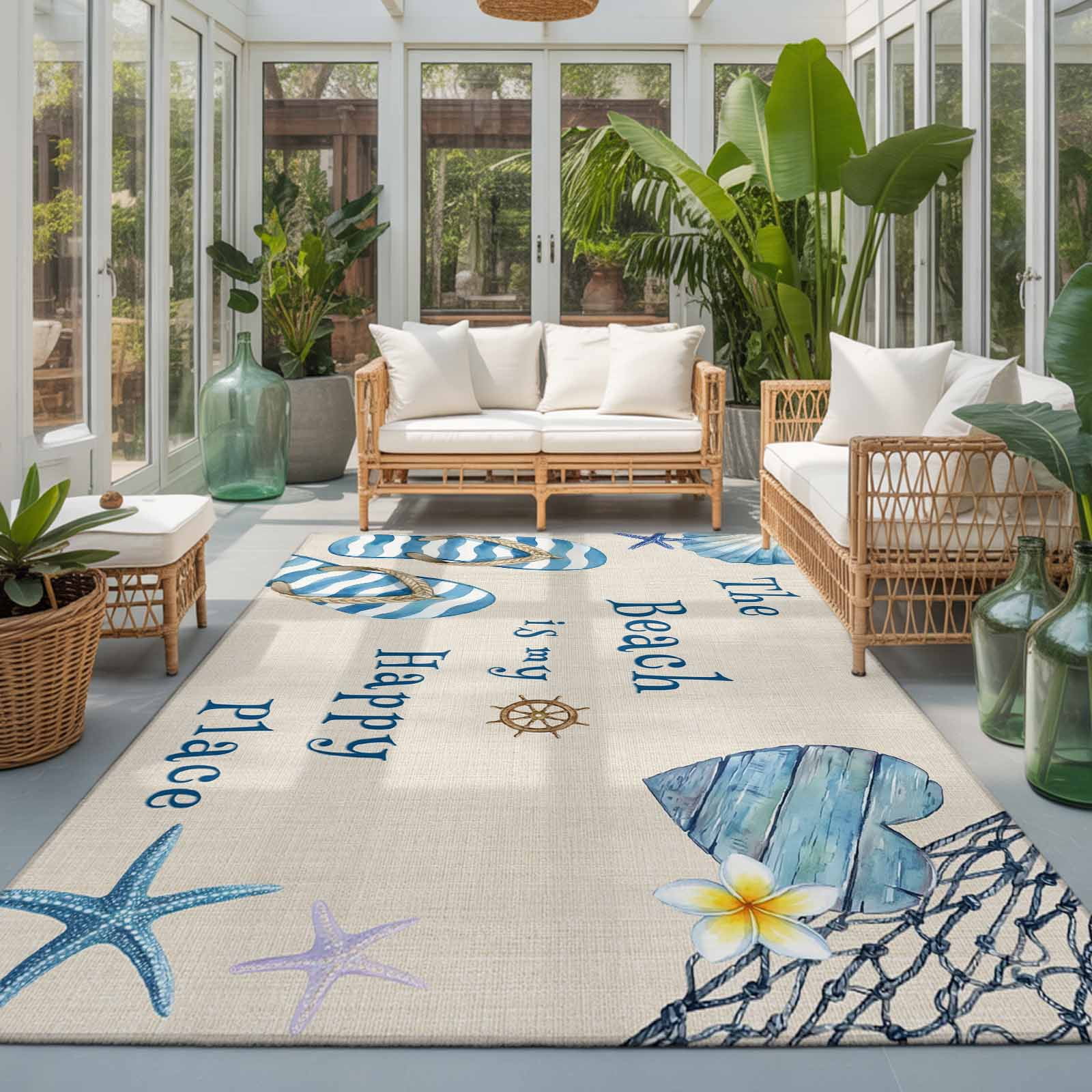 Area Rug 4x6ft Summer Slippers Starfish Flower Washable Rugs for Living Room Bedroom Beach Theme Retro Linen Soft Non-slip Area Rugs Rectangle Floor Carpet for Dining Room
