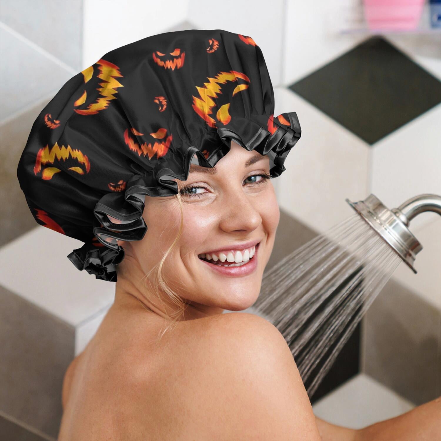 Shower Caps,Black Halloween Pumpkin Faces Waterproof Shower Cap for Women 4 Pieces,Double Reusable Hair Cover for Shower PEVA Elastic Stretch Hem