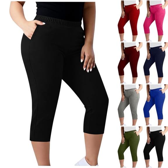 LIBRCLO Womens Leggings Plus Size with Pockets Elastic Waist Capris Yoga Pants Solid Comfortable And Unrestrained Leggings