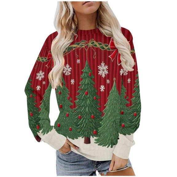 YUGYXL Christmas Sweatshirts for Women Snowflake Christmas Tree Shirt Long Sleeve Pullover Tops Cute Crewneck Sweatshirt B Red M