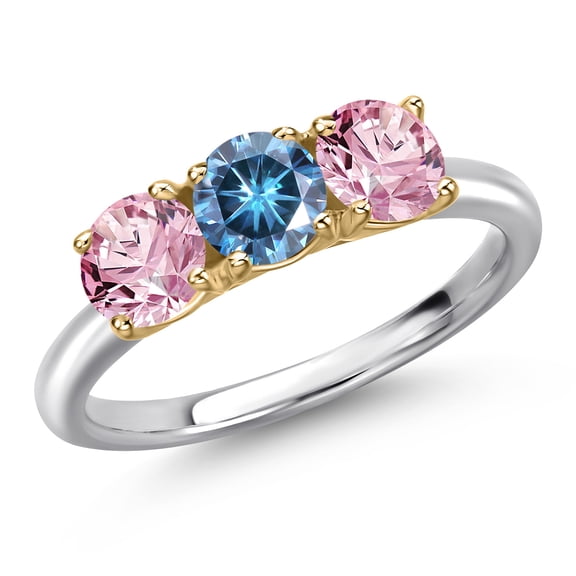 Gem Stone King 10K Two Tone Gold Persian Blue Moissanite and Pink Lab Grown Diamond Engagement Ring for Women | 1.50 Cttw | Round 5MM | Gemstone Birthstone | Size 8