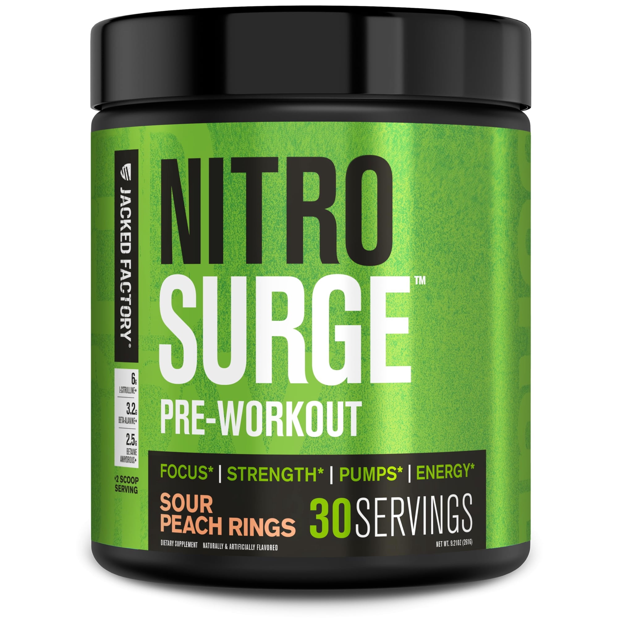 Jacked Factory NITROSURGE Pre Workout Supplement - Endless Energy, Instant Strength Gains, Clear Focus, Intense Pumps - NO Booster & Powerful Preworkout Energy Powder - 30 Servings, Sour Peach Rings