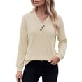 thumbnail image 2 of CQONEPT Women's Long Sleeve V Neck Tops Textured Knit Button Pullover Top Casual Loose Fit Fall Fshion Tunic Shirts Beige XL, 2 of 6