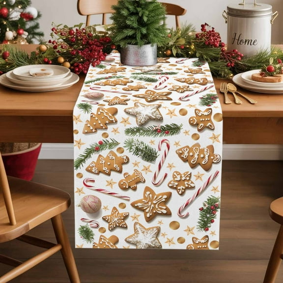 Burlap Table Runner 36 Inches Long,Christmas Tree Star Candy Cookie Non-Slip Kitchen Table Runners for Dining Room Everyday Use Party Table Decorations Seamless Pine Needle on White