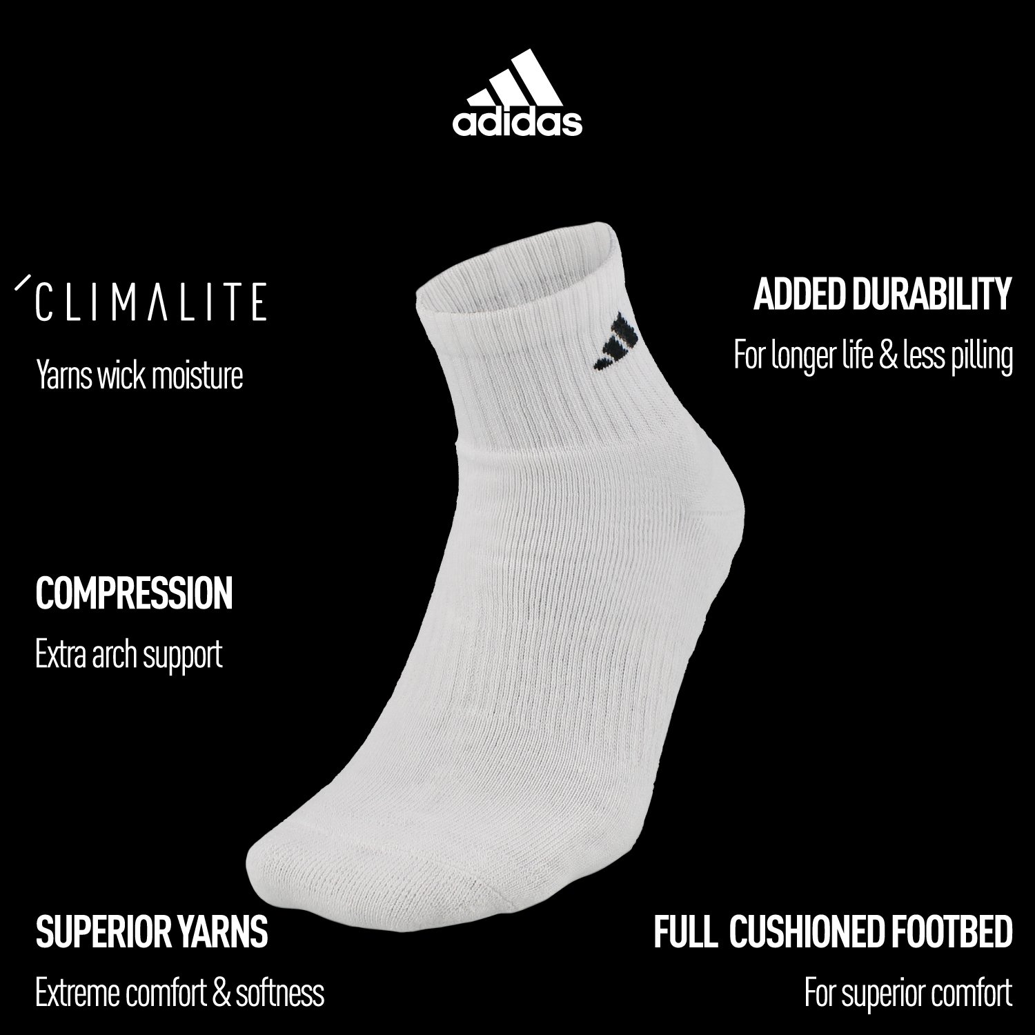 adidas Mens Athletic Cushioned Quarter Sock (6-Pair), White/Black, Large, (Shoe Size 6-12)