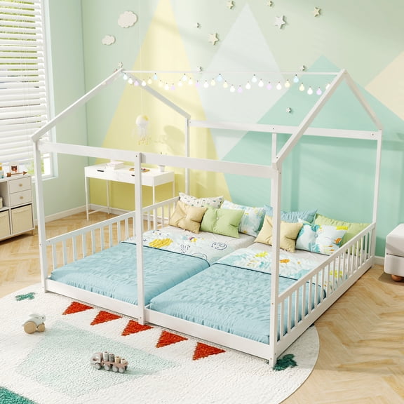 Gymax Double Floor Bed w/ Safety Guardrails No Box Spring Needed for Teens Boys Girls White