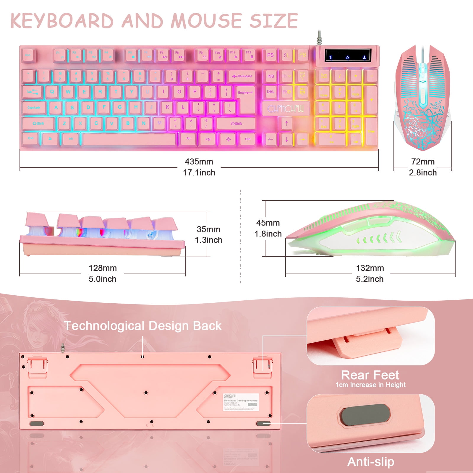 CHONCHOW Pink Gaming Keyboard and Mouse Combo, 104 Keys Wired LED Backlit, 19Anti-Ghosting, Multimedia Keys, 3600 DPI Mouse, Compatible with PC Laptop PS4  Xbox