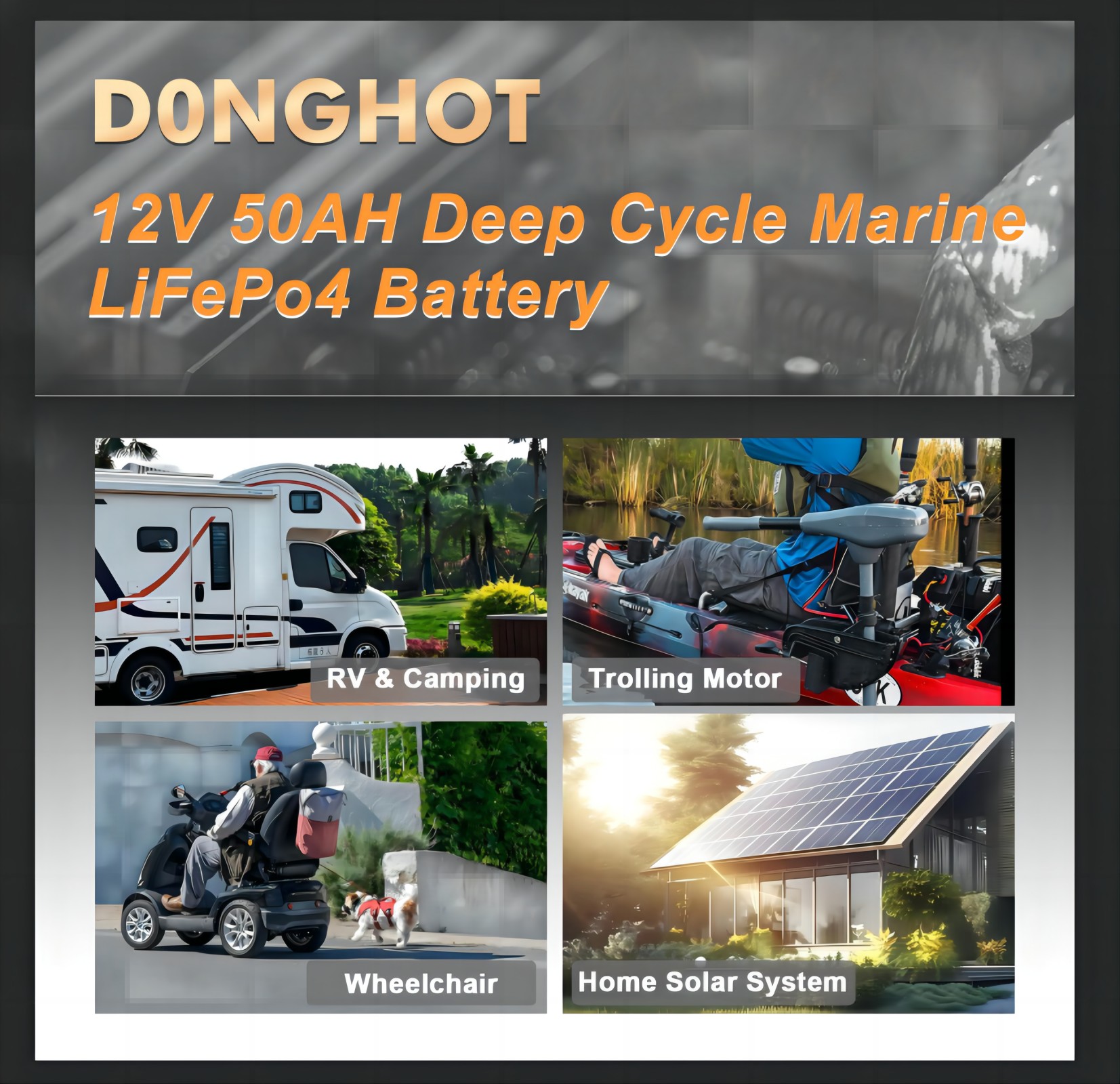 D0NGHOT 12V 50Ah LiFePO4 Lithium Ion Deep Cycle Marine Battery for Trolling Motor,Camping,Boat,Power Wheel Chair