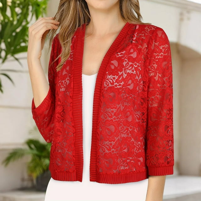 IMENGL Ladies' solid color lace knitted cardigan v neck, Red L, Size M-2XL