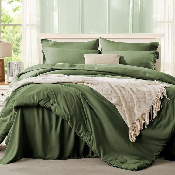 King Size Comforter Set 7 Pieces, Olive Green Bed in a Bag Bedding Set with 1 Comforter, 2 Pillow Shams, 2 Pillowcases, 1 Flat Sheet, 1 Fitted Sheet