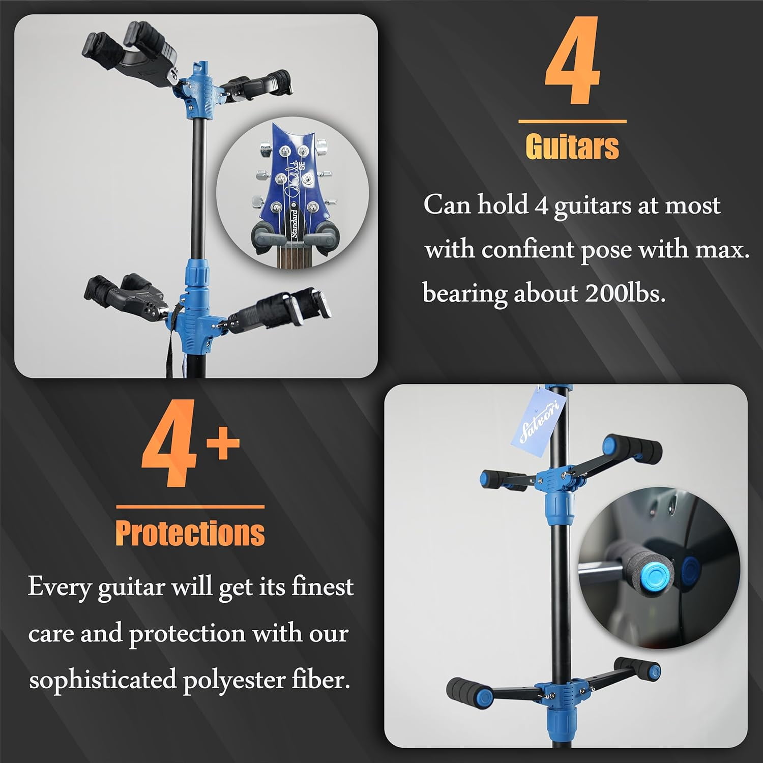 Folding Quadruple Guitar Stand with Auto-Lock System and Soild Tripod, Quadruple/Multiple Guitar Stand/Holder/Rack for Single Bass, Acoustic, Electric, Classical Guitar or Ukulele