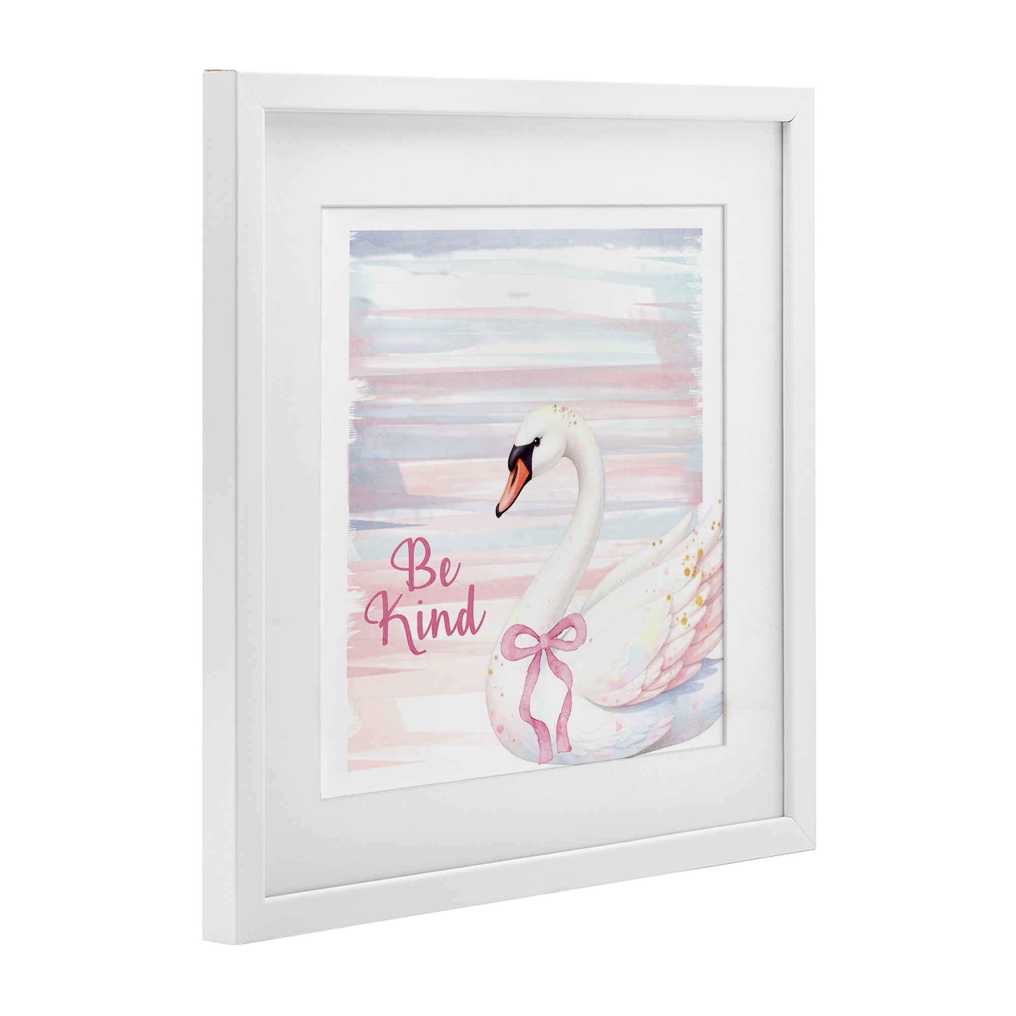 Be Kind Pastel Swan White Framed Print Under Glass, design by Kim Allen