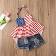 thumbnail image 5 of Douhoow Toddler Girl Independence Day Clothes Set Sleeveless Halter Ruffle Tops+Ripped Denim Shorts, 5 of 9
