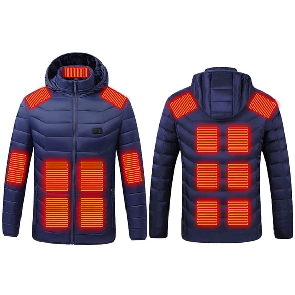 Cadancy Mens Womens Heated Coat Zip Up Long Sleeve 2 Temperature Modes 17 Heating Zones USB Rechargeable Jackets Washable Thermal Detachable Hooded Winter Quilted Jacket