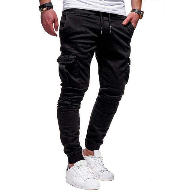 FOCUSNORM Men Casual Jogger Pants Solid Color Drawstring Workout Cargo Trousers Sweatpants with Pockets Travel Streetwear