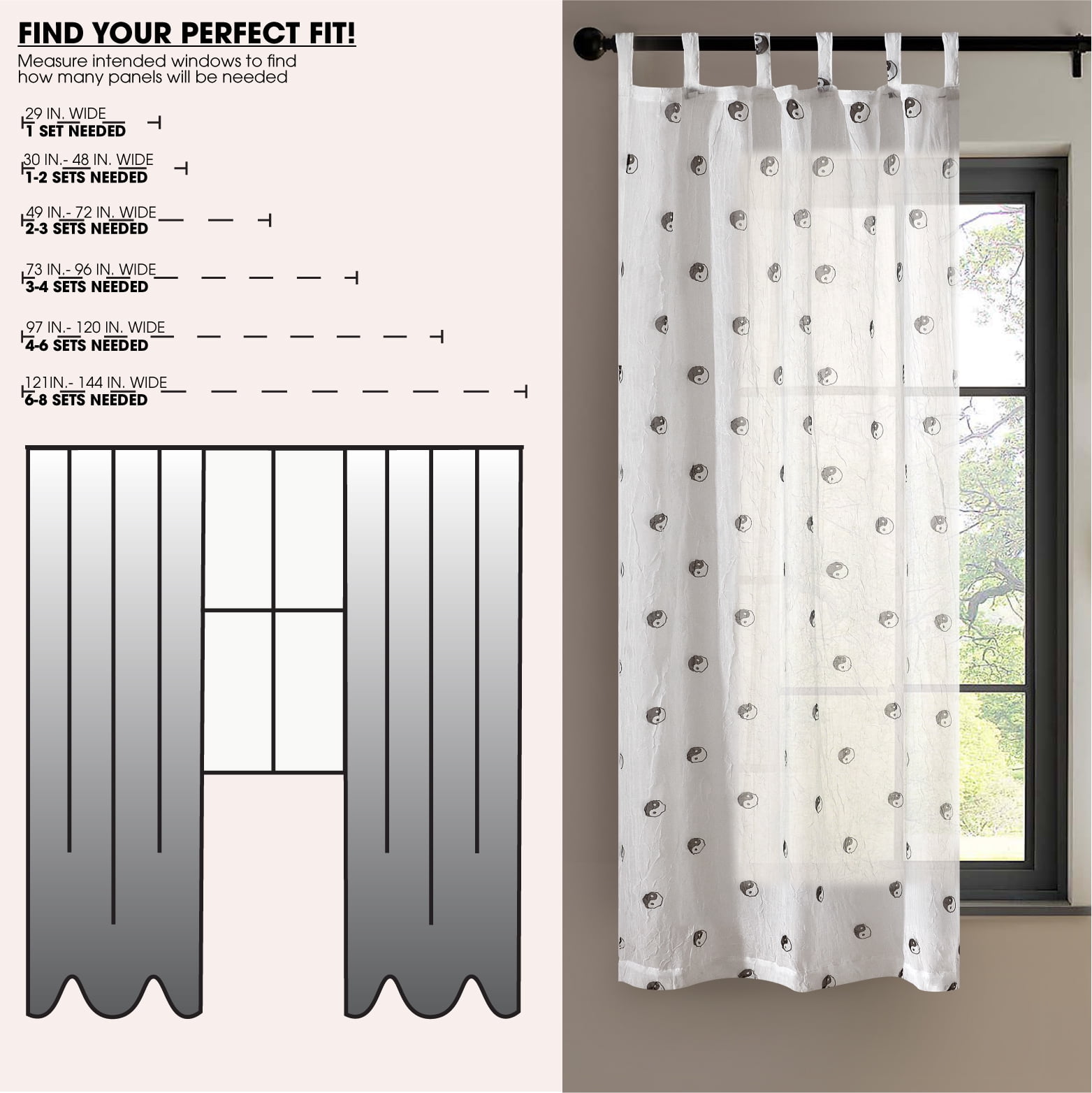 Urban Shop 38" x 63" Sheer Light-Filtering Single Curtain Panel, Ying Yang Print