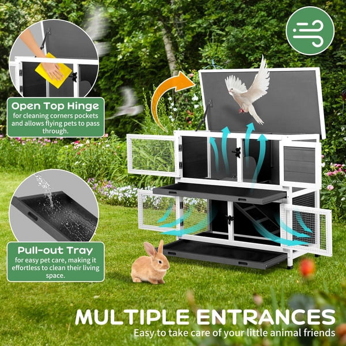 Imerelez 2 Tiers Solid Wood Rabbit Hutch Bunny Cage with 2 Large Main Rooms, Indoor Outdoor Rabbit House Guinea Pig Cage Pet House for Small Animals with 2 Removable Trays, Grey