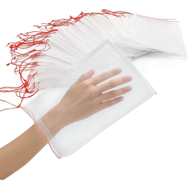 Fruit Bags for Fruit Trees, 100 PCS 6x10 Inch Fruit Protection Netting with Drawstring, Garden Plant Protector Mesh Cover Bag for Grape, Tomato, Banana, Peach, Apple, Flower