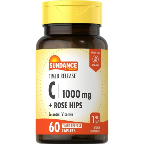 Timed Release Vitamin C With Rose Hips | 1000mg | 60 Caplets | for Men and Women | by Sundance