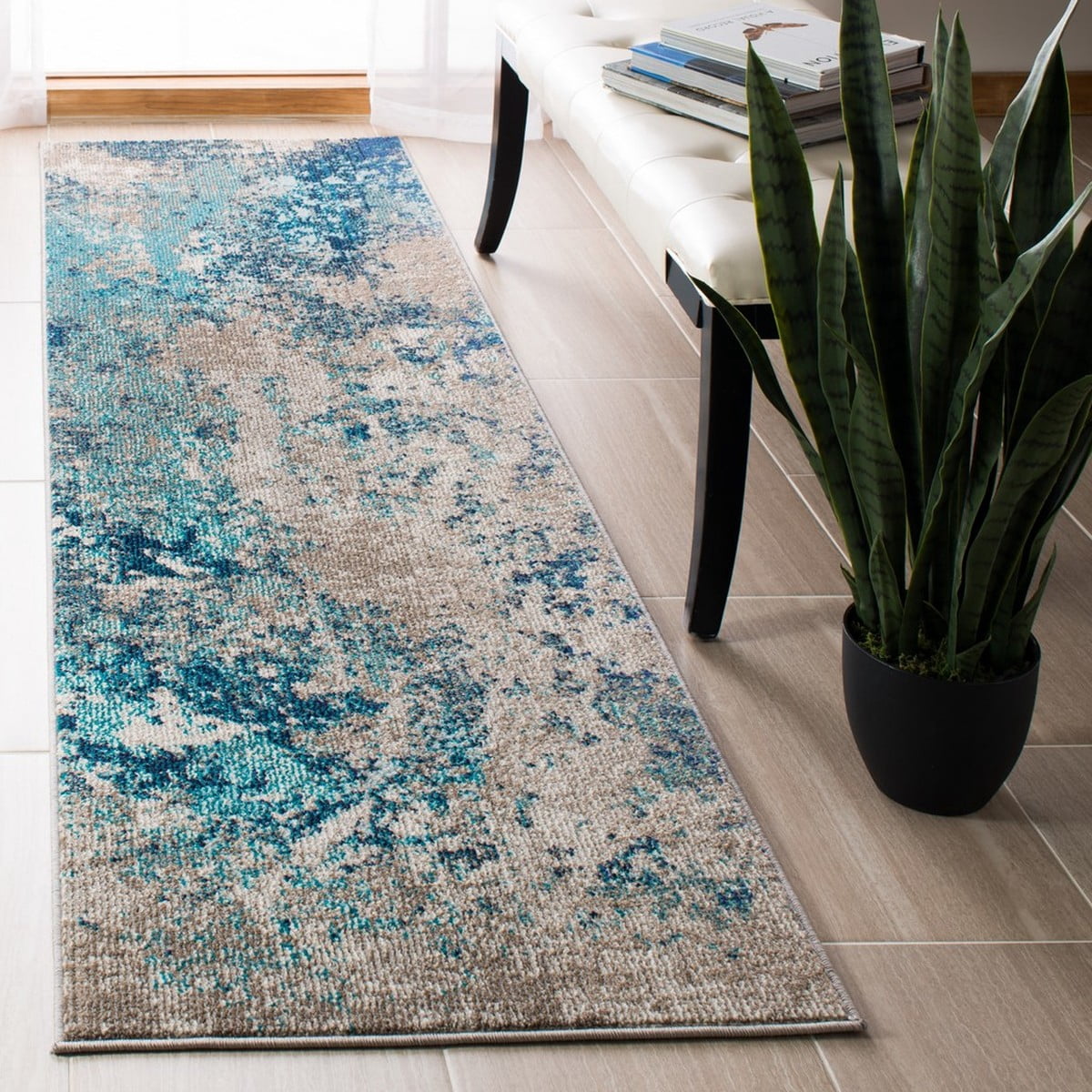 SAFAVIEH Madison Oscar Abstract Distressed Runner Rug, Blue/Grey, 2' x 8'