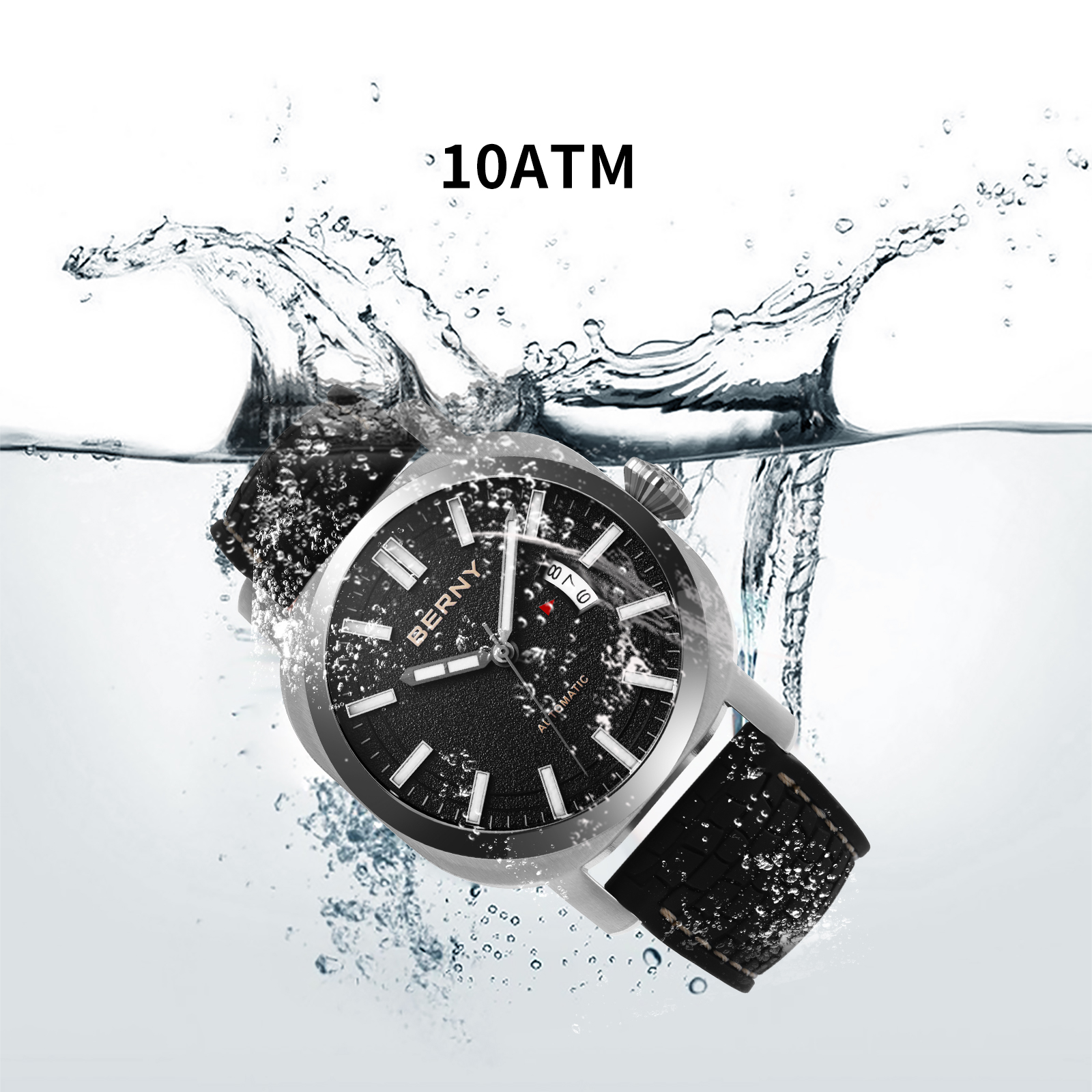 BERNY Automatic Watch for Men, Sport 10ATM Waterproof Mechanical Watch with Silicone Strap, Date Calendar, Super Luminous, Sapphire Glass, Fashion Men's Diver Wristwatch, Black