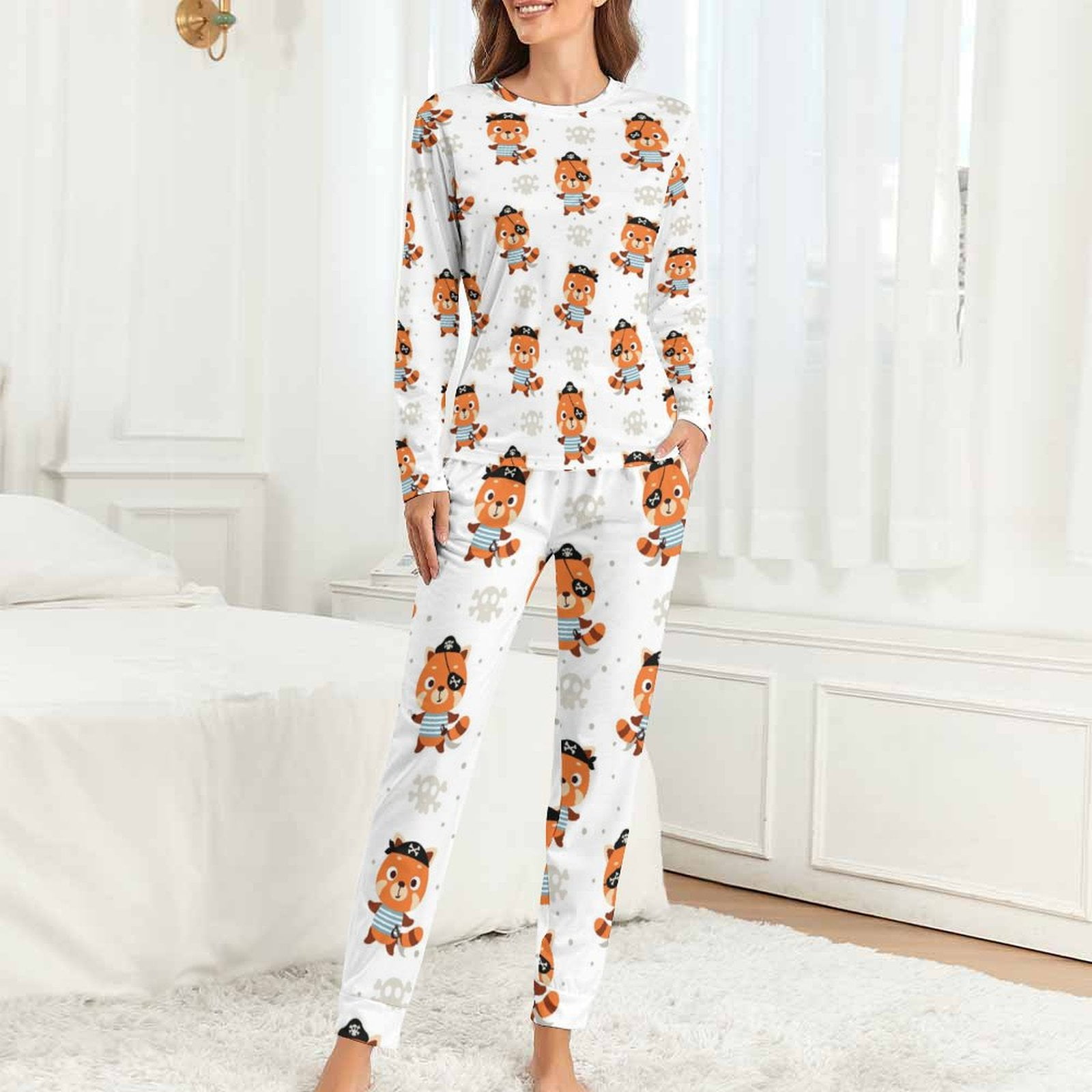JUNZAN Happy Pandas Cloud Pink Women's Pajama Sets Long