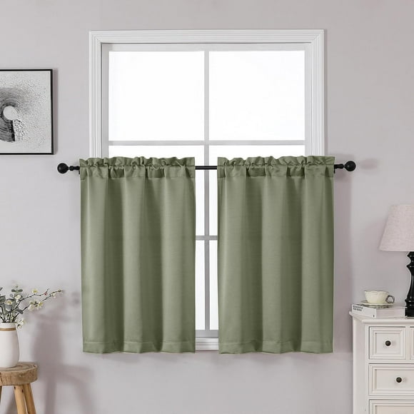 shiyou-Heidi Green Kitchen Curtains - Tiers, 30 Inch Length, 2 Panels Set for Dining Room, Light Filtering for Bathroom, Basement, Small Rooms, Rod Pocket Solid Curtain, 2 Pcs, Each 30" W x 30" L