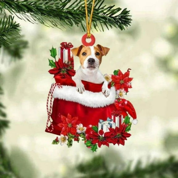 Acrylic 2D FLAT - Jack Russell In Gift Bag Christmas Ornament - Holiday Tree Decoration