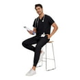 thumbnail image 5 of Men's Workwear Scrubs 2-Piece Uniform Set, Solid Color Cross V-Neck Short Sleeve Pocket Tee and Pants, For Medical Nursing Professionals,Black,L, 5 of 5