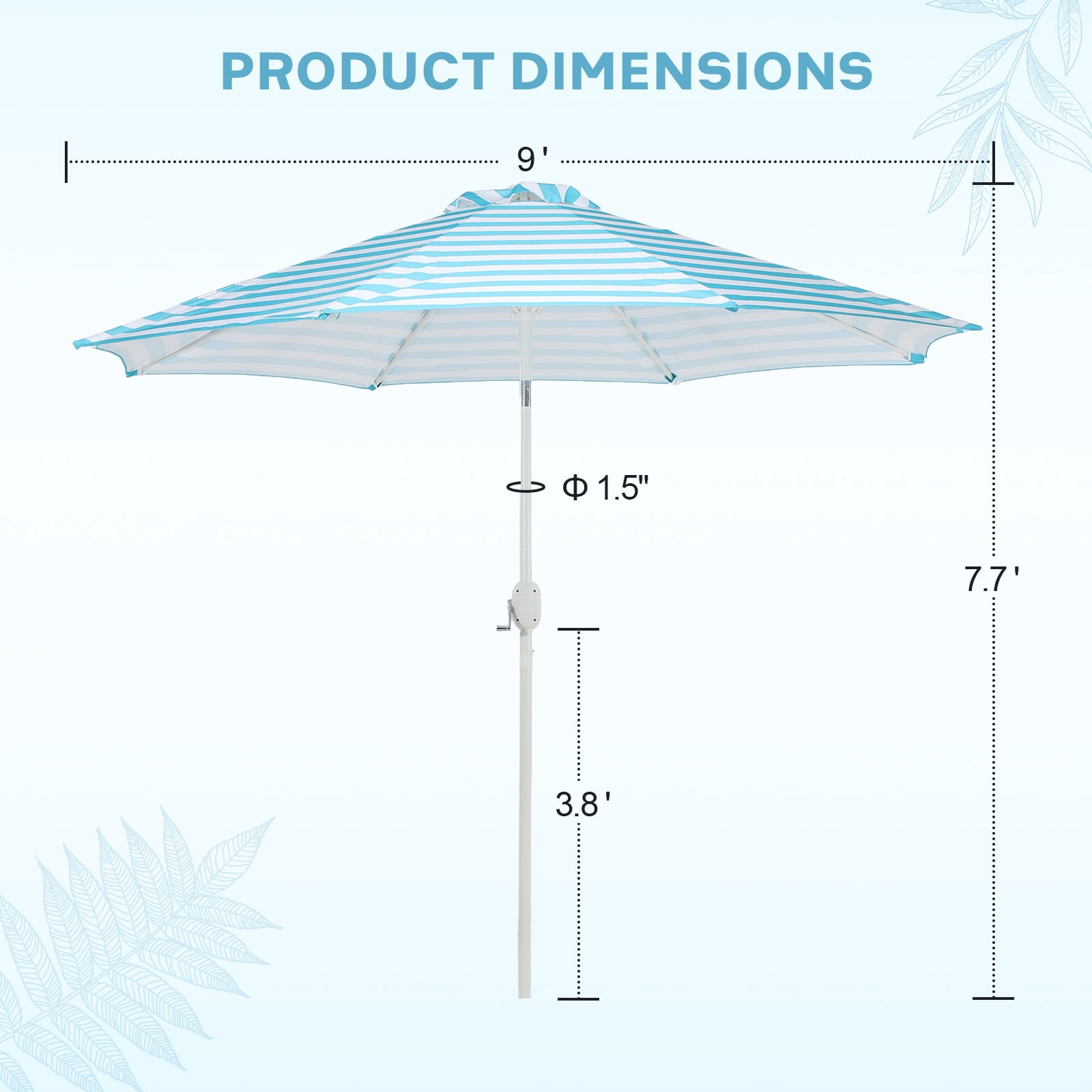 Aoodor 9FT Outdoor Patio Umbrella with 8 Steel Ribs and Push Button Tilt Crank, UV Protection, Light Blue and White